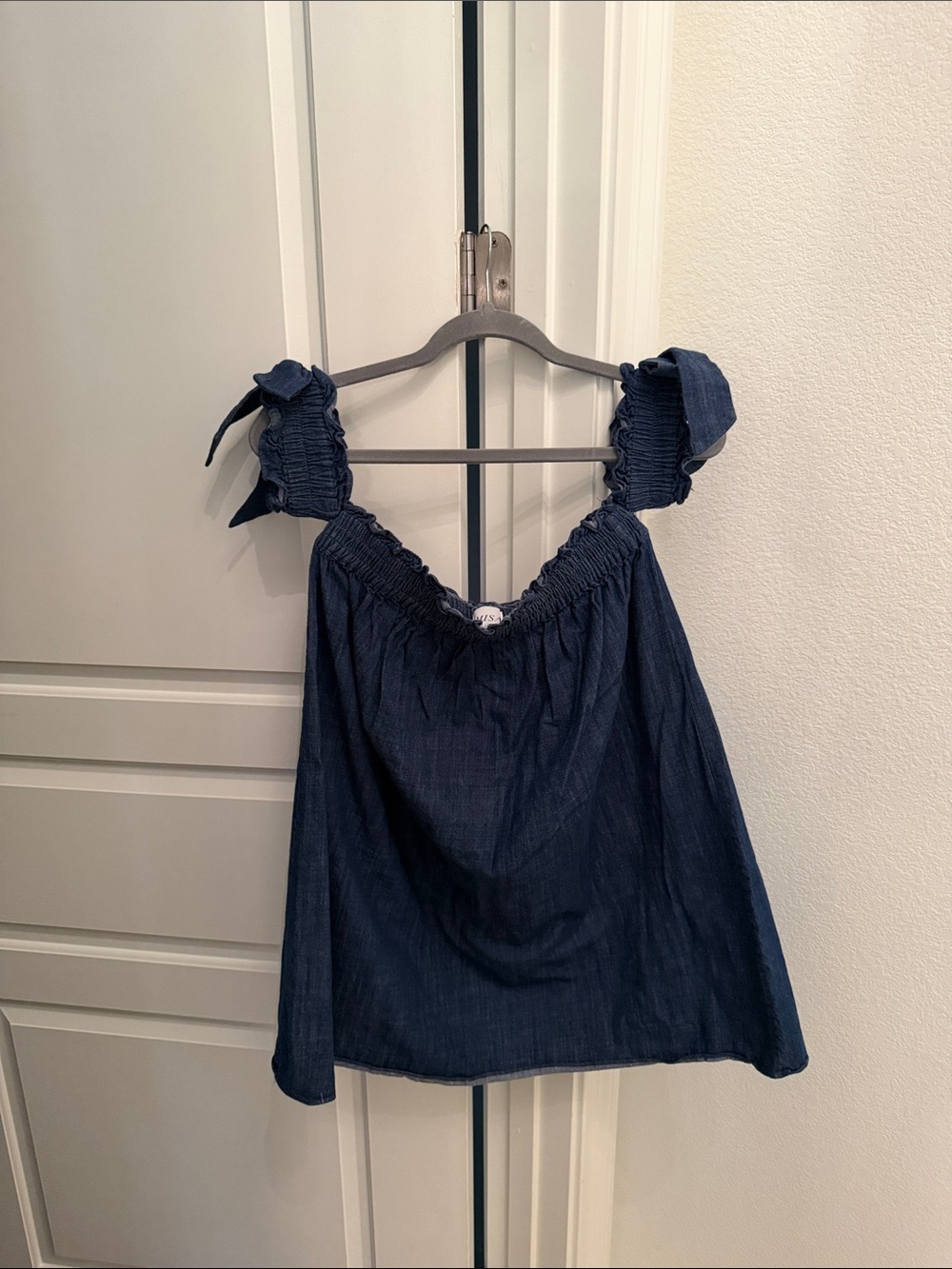 Misa Los Angeles Navy Smocked Off Shoulder Dress